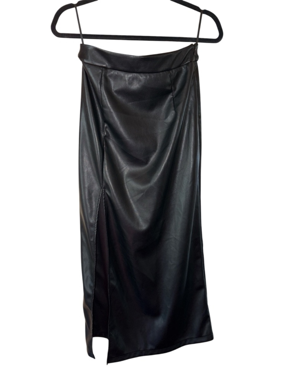 Commense Black Faux Leather Midi Skirt with front Slit small new